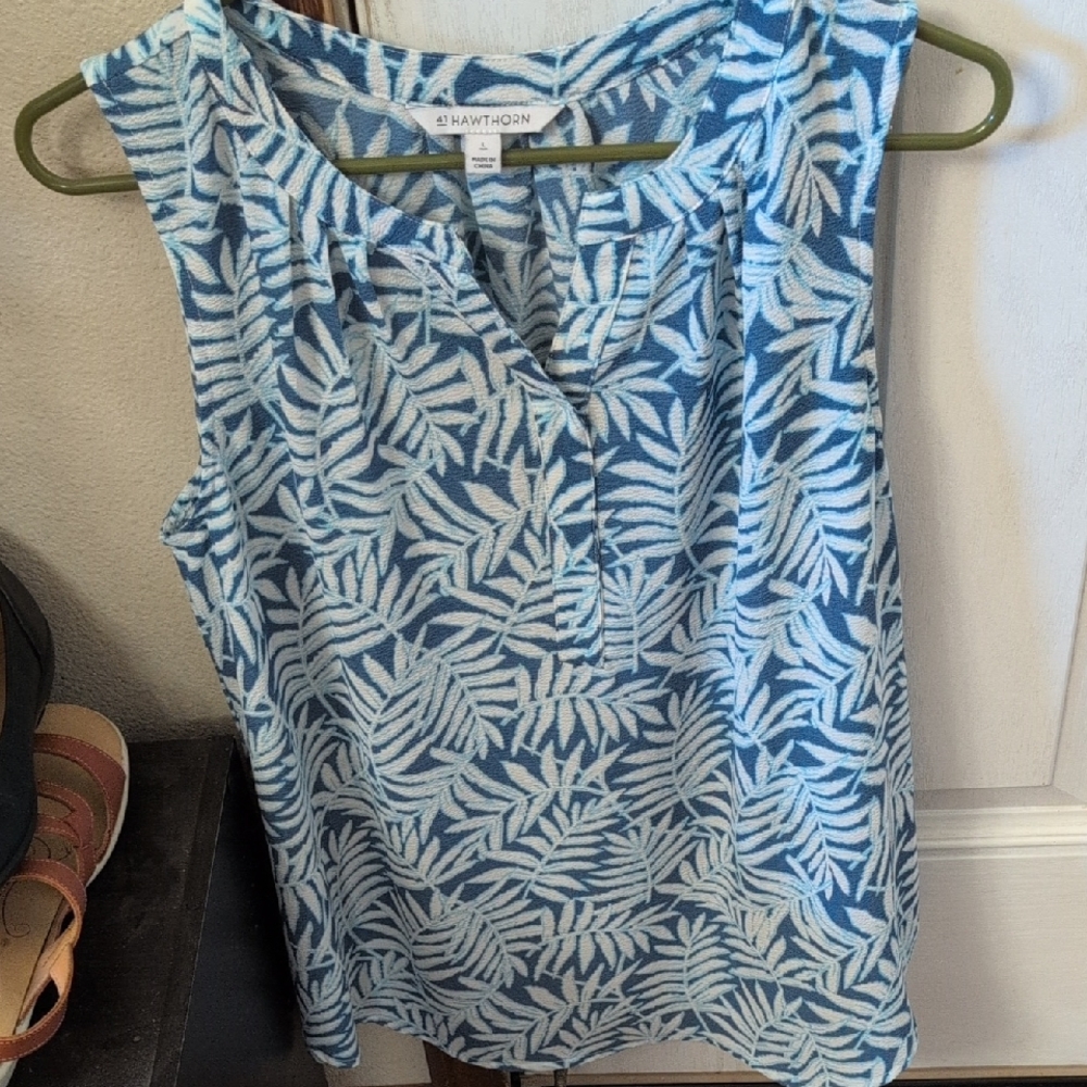 41 Hawthorn Blue and White Leaf Print Blouse